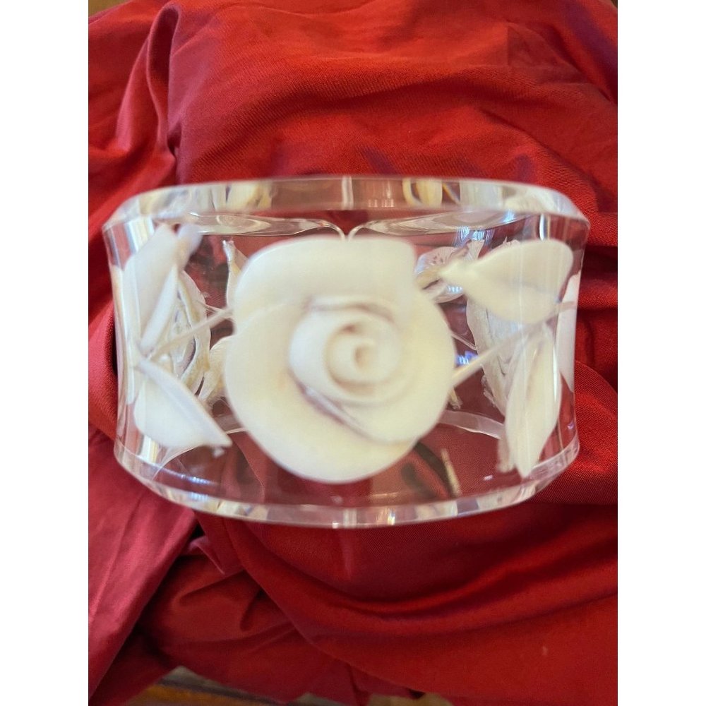 Lucite Bangle With Reverse Incised Roses Cream and Clear